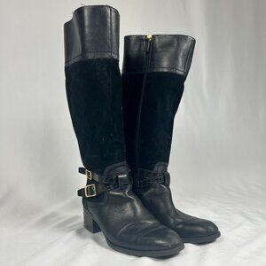 Franco Sarto Black Knee High Boots 7 Leather Suede Buckle Riding Zip Heel